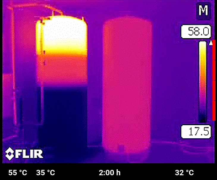 Das kühlere Heizungswasser mit 35 °C wird unter der Zone für die Trinkwassererwärmung eingespeist. Der Speicher mit Heizstab hat inzwischen erst 30 °C überschritten.