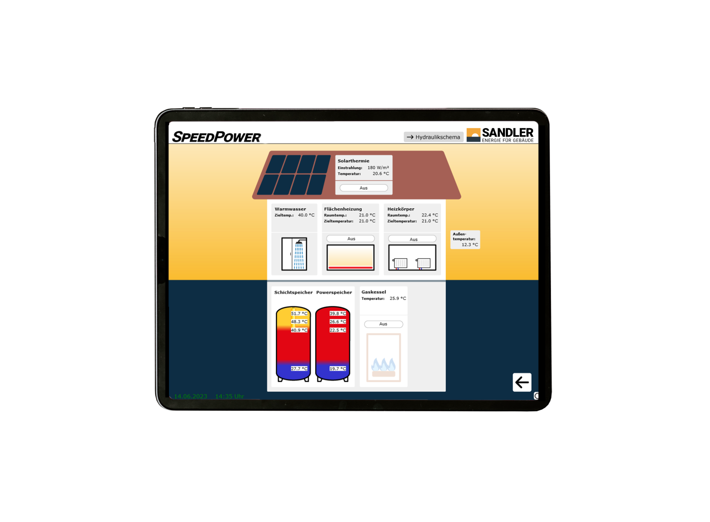 IPad Beispiel für die Bedienung des SpeedPower Heizsystems auf einem Tablet